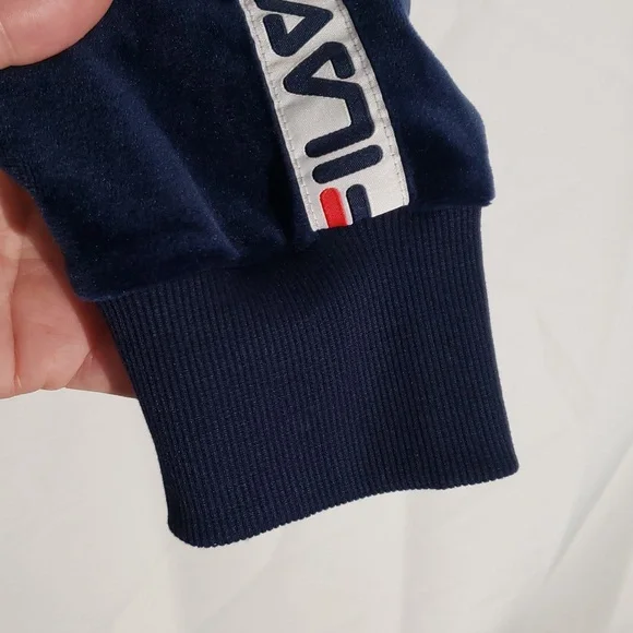 90's Style Fila Navy Blue Velour Velvet Zip-Up Hoodie Logo Down Arms Large - Picture 5 of 11